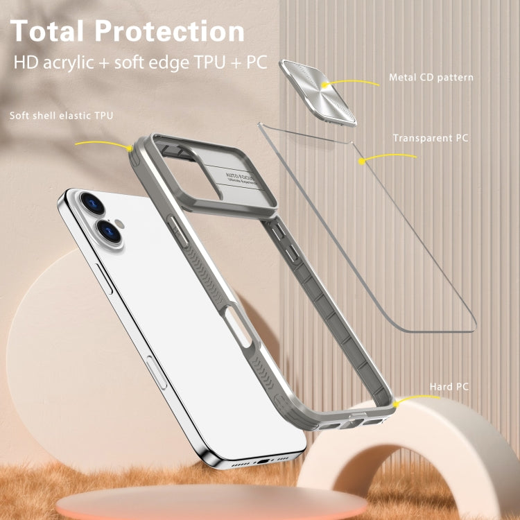 For iPhone 16 Sliding Camshield Acrylic Hybrid TPU Phone Case(Grey) - More iPhone Cases by PMC TechLife | Online Shopping South Africa | PMC TechLife | Buy Now Pay Later Mobicred