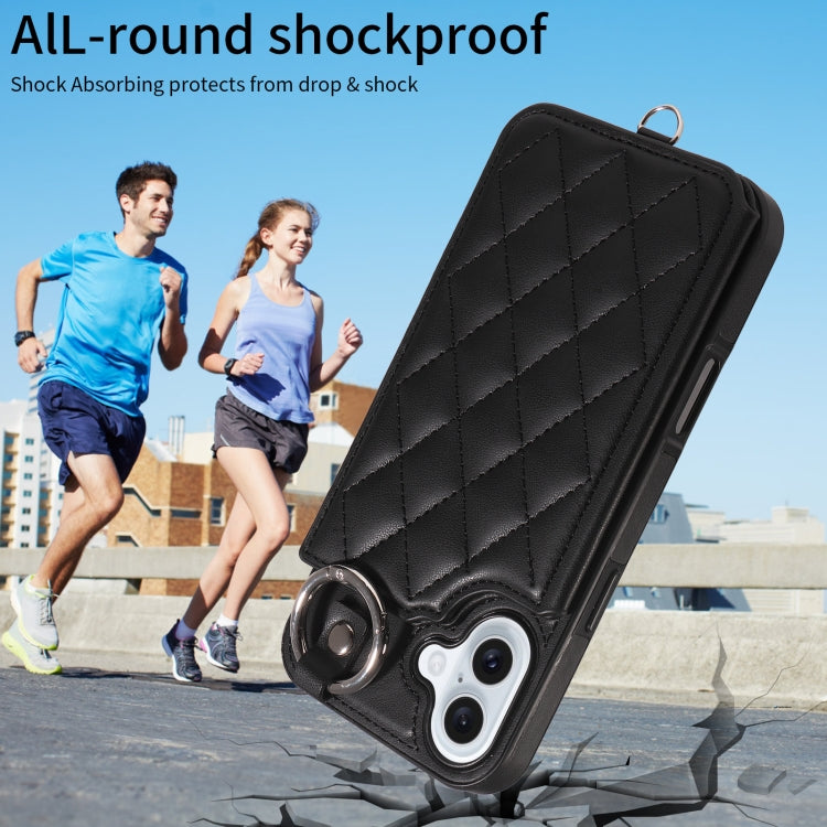 For iPhone 16 Plus Rhombic Texture Card Bag Phone Case with Short Lanyard(Black) - free shipping - PMC Jewellery - Order now!