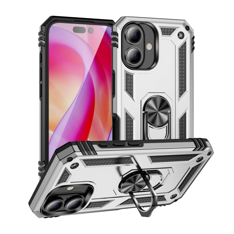 For iPhone 16 Shockproof TPU Hybrid PC Phone Case with Holder(Silver) - free shipping - PMC TechLife - Order now!