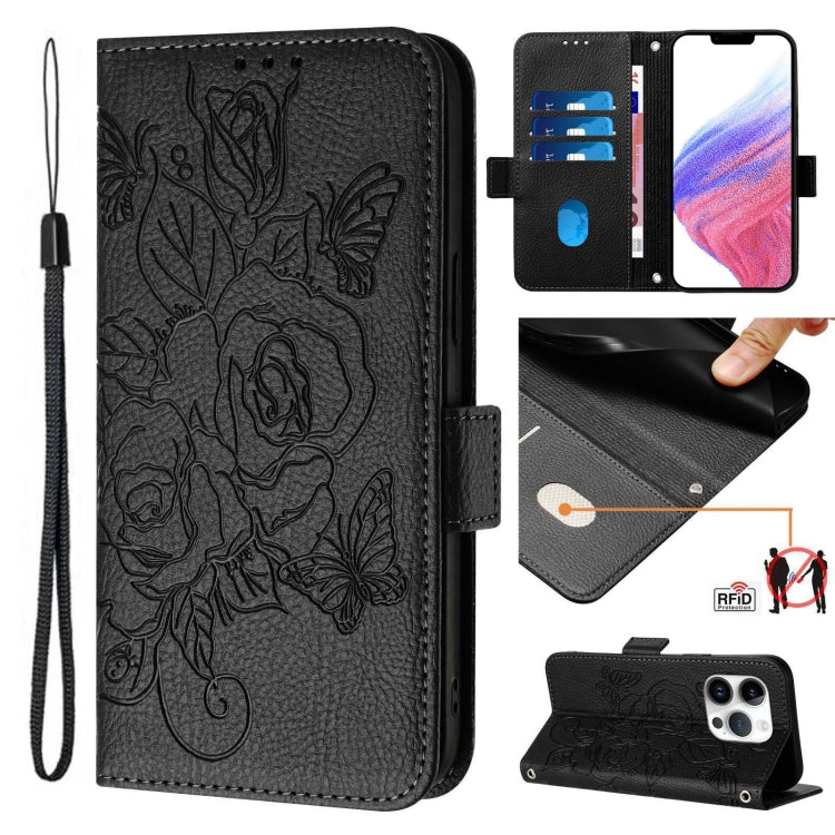 For iPhone 16 Pro Embossed Rose RFID Anti-theft Leather Phone Case(Black) - iPhone 16 Pro Cases by PMC TechLife | Online Shopping South Africa | PMC TechLife | Buy Now Pay Later Mobicred
