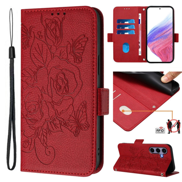 For Samsung Galaxy S25 5G Embossed Rose RFID Anti-theft Leather Phone Case(Red) - Galaxy S25 5G Cases by PMC Jewellery | Online Shopping South Africa | PMC Jewellery | Buy Now Pay Later Mobicred