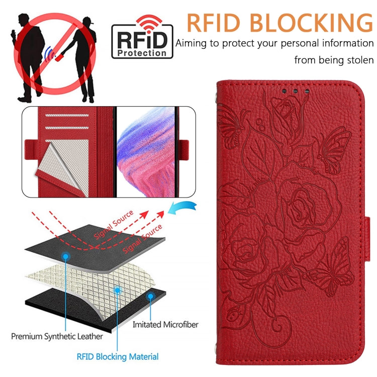 For Samsung Galaxy S25 5G Embossed Rose RFID Anti-theft Leather Phone Case(Red) - Galaxy S25 5G Cases by PMC Jewellery | Online Shopping South Africa | PMC Jewellery | Buy Now Pay Later Mobicred