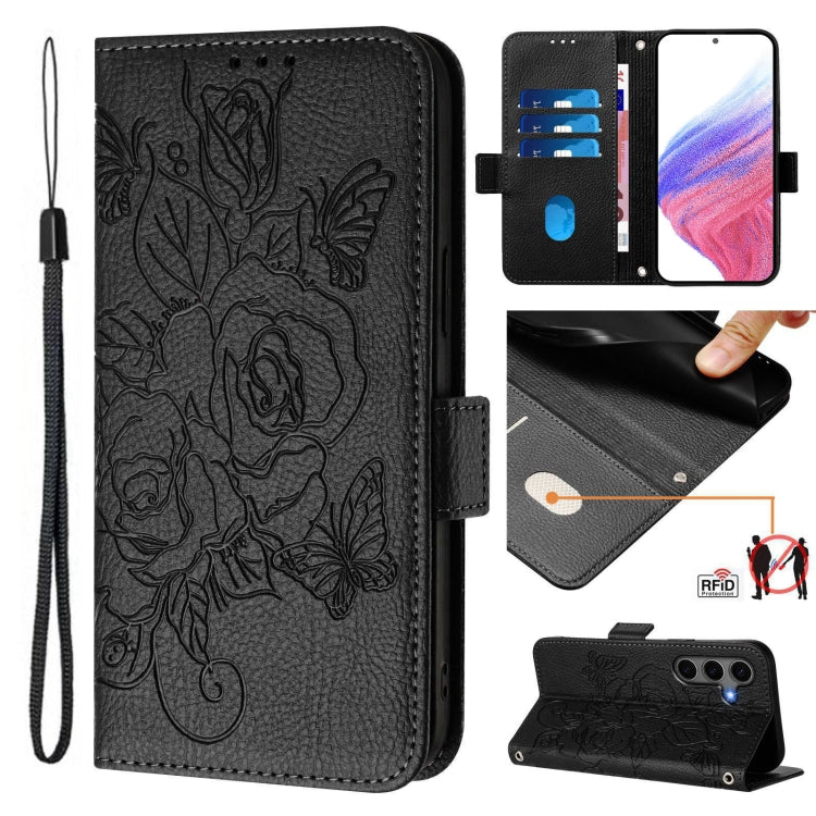 For Samsung Galaxy S25+ 5G Embossed Rose RFID Anti-theft Leather Phone Case(Black) - Galaxy S25+ 5G Cases by PMC Jewellery | Online Shopping South Africa | PMC Jewellery | Buy Now Pay Later Mobicred