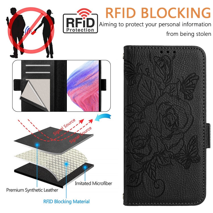 For Blackview A53 Embossed Rose RFID Anti-theft Leather Phone Case(Black) - More Brand by PMC TechLife | Online Shopping South Africa | PMC TechLife | Buy Now Pay Later Mobicred