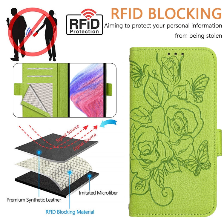 For Blackview Shark 8 Embossed Rose RFID Anti-theft Leather Phone Case(Green) - More Brand by PMC TechLife | Online Shopping South Africa | PMC TechLife | Buy Now Pay Later Mobicred