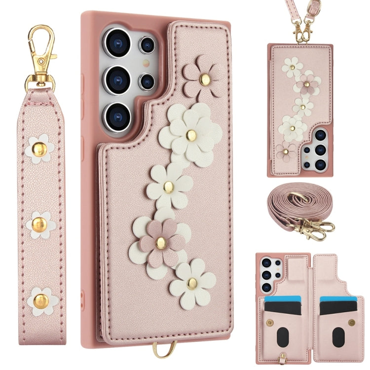 For Samsung Galaxy S25 Ultra 5G Crossbody Flower Pattern Leather Phone Case(Rose Gold) - free shipping - PMC Jewellery - Order now!