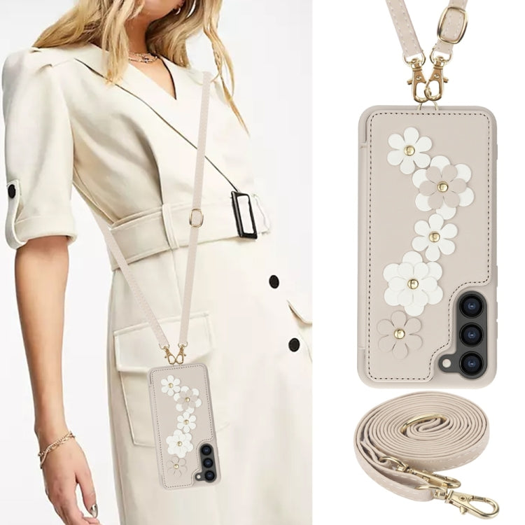 For Samsung Galaxy S25+ 5G Crossbody Flower Pattern Leather Phone Case(White) - free shipping - PMC Jewellery - Order now!