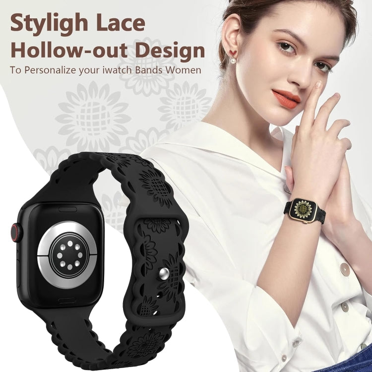 For Apple Watch SE 2023 44mm Lace Sunflower Embossed Silicone Watch Band(Black) - Watch Bands by PMc TechLife | Online Shopping South Africa | PMc TechLife | Buy Now Pay Later Mobicred