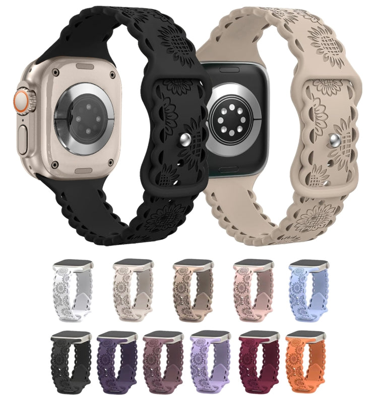 For Apple Watch SE 2023 44mm Lace Sunflower Embossed Silicone Watch Band(Black) - Watch Bands by PMc TechLife | Online Shopping South Africa | PMc TechLife | Buy Now Pay Later Mobicred