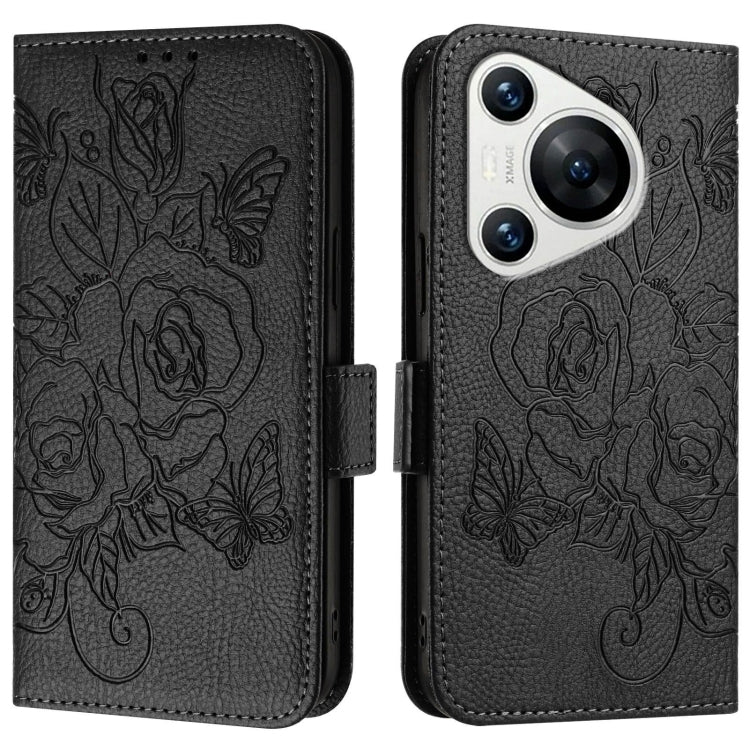 For Huawei Pura 70 Embossed Rose RFID Anti-theft Leather Phone Case(Black) - Huawei Cases by PMC Jewellery | Online Shopping South Africa | PMC Jewellery | Buy Now Pay Later Mobicred