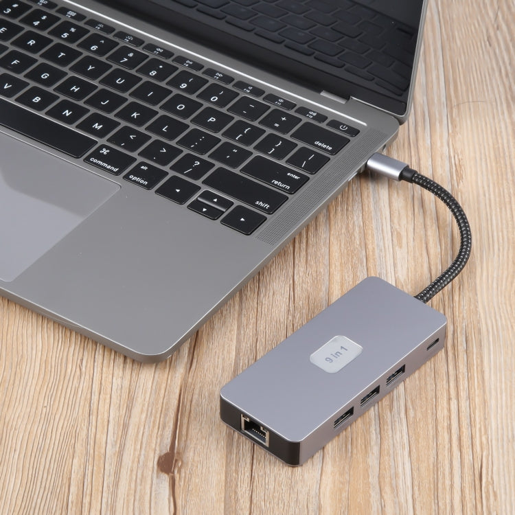 BYL-2318 9 in 1 USB-C / Type-C to USB3.0+Type-C+1000M Ethernet+HDTV+SD / TF Dual Card Slot Docking Station(Grey) - USB HUB by PMC Jewellery | Online Shopping South Africa | PMC Jewellery | Buy Now Pay Later Mobicred