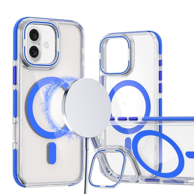 For iPhone 16 Dual-Color Clear Acrylic Hybrid TPU Lens Flip Holder MagSafe Phone Case(Blue) - free shipping - PMC TechLife - Order now!