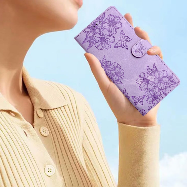 For Samsung Galaxy S25 5G Cherry Blossom Butterfly Skin Feel Embossed PU Phone Case(Purple) - Galaxy S25 5G Cases by PMC Jewellery | Online Shopping South Africa | PMC Jewellery | Buy Now Pay Later Mobicred