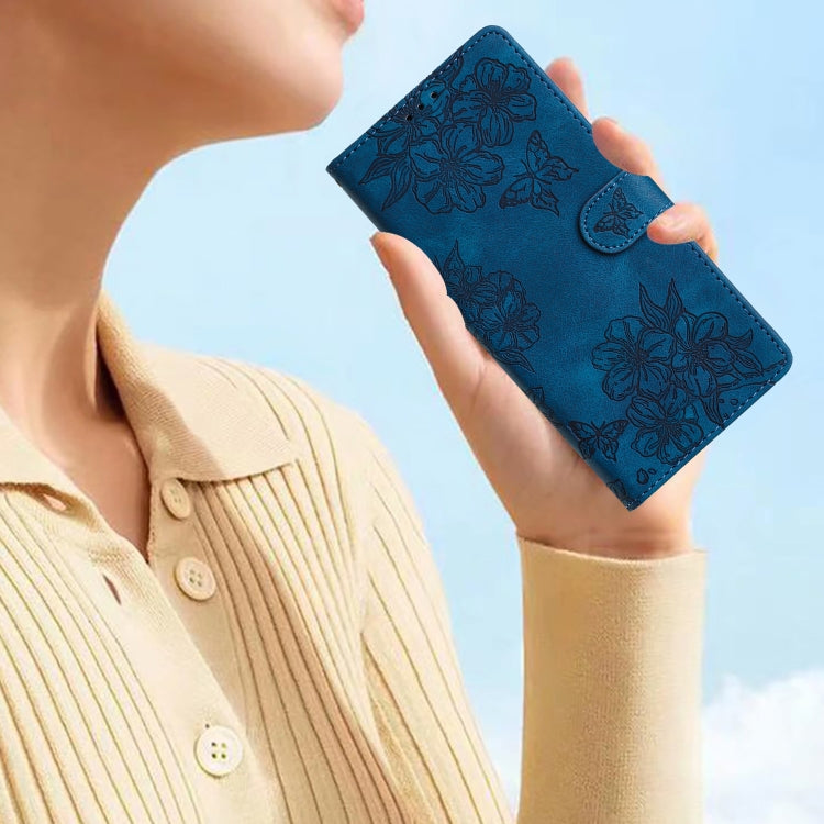 For Samsung Galaxy S25 5G Cherry Blossom Butterfly Skin Feel Embossed PU Phone Case(Blue) - Galaxy S25 5G Cases by PMC Jewellery | Online Shopping South Africa | PMC Jewellery | Buy Now Pay Later Mobicred