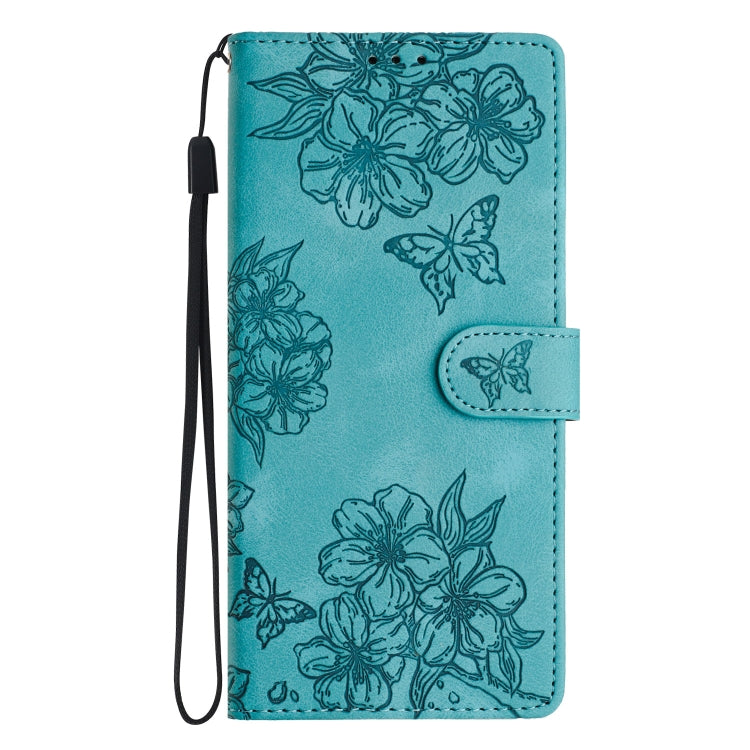 For Samsung Galaxy S25 5G Cherry Blossom Butterfly Skin Feel Embossed PU Phone Case(Green) - Galaxy S25 5G Cases by PMC Jewellery | Online Shopping South Africa | PMC Jewellery | Buy Now Pay Later Mobicred