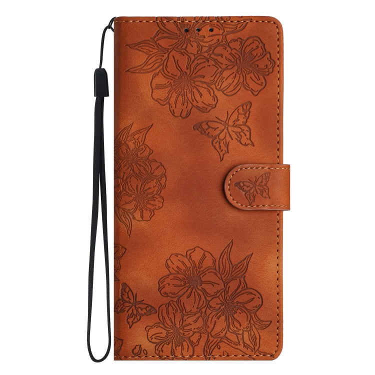 For Samsung Galaxy S25 5G Cherry Blossom Butterfly Skin Feel Embossed PU Phone Case(Brown) - free shipping - PMC Jewellery - Order now!