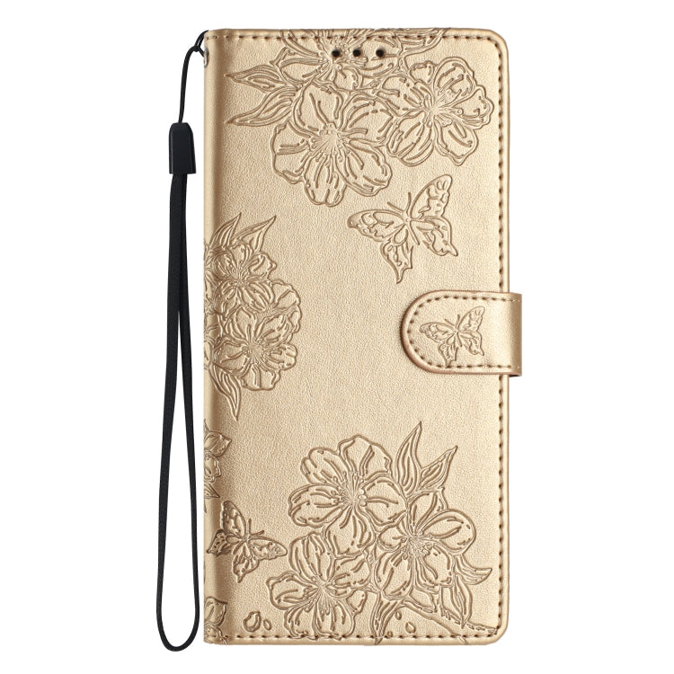 For Samsung Galaxy S25 5G Cherry Blossom Butterfly Skin Feel Embossed PU Phone Case(Gold) - Galaxy S25 5G Cases by PMC Jewellery | Online Shopping South Africa | PMC Jewellery | Buy Now Pay Later Mobicred