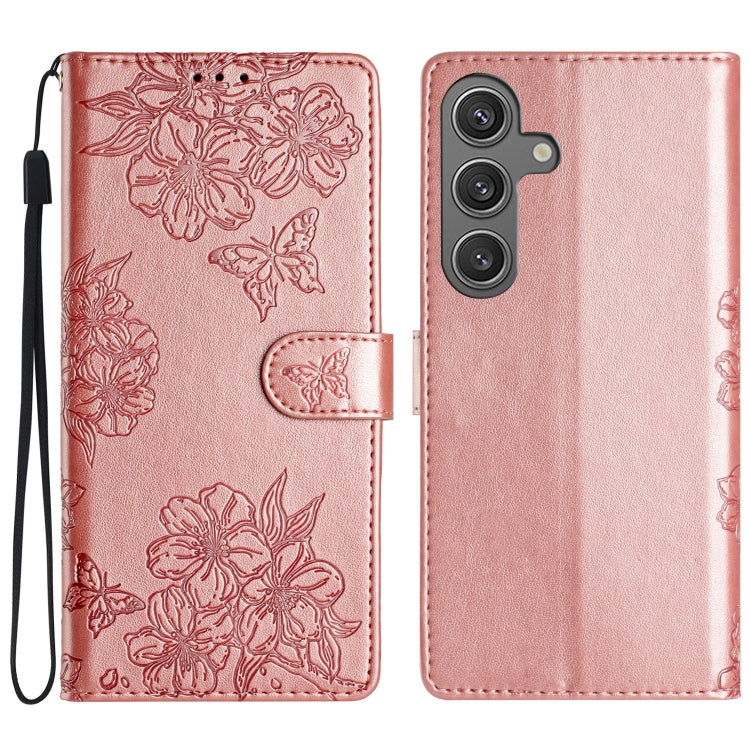 For Samsung Galaxy S25 5G Cherry Blossom Butterfly Skin Feel Embossed PU Phone Case(Rose Gold) - Galaxy S25 5G Cases by PMC TechLife | Online Shopping South Africa | PMC TechLife | Buy Now Pay Later Mobicred