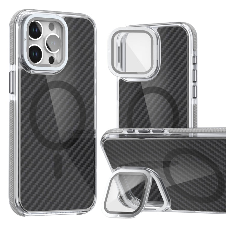 For iPhone 16 Pro Magsafe Dual-Color Carbon Fiber Lens Film Phone Case with Lens Fold Holder(Gray) - iPhone 16 Pro Cases by PMC TechLife | Online Shopping South Africa | PMC TechLife | Buy Now Pay Later Mobicred