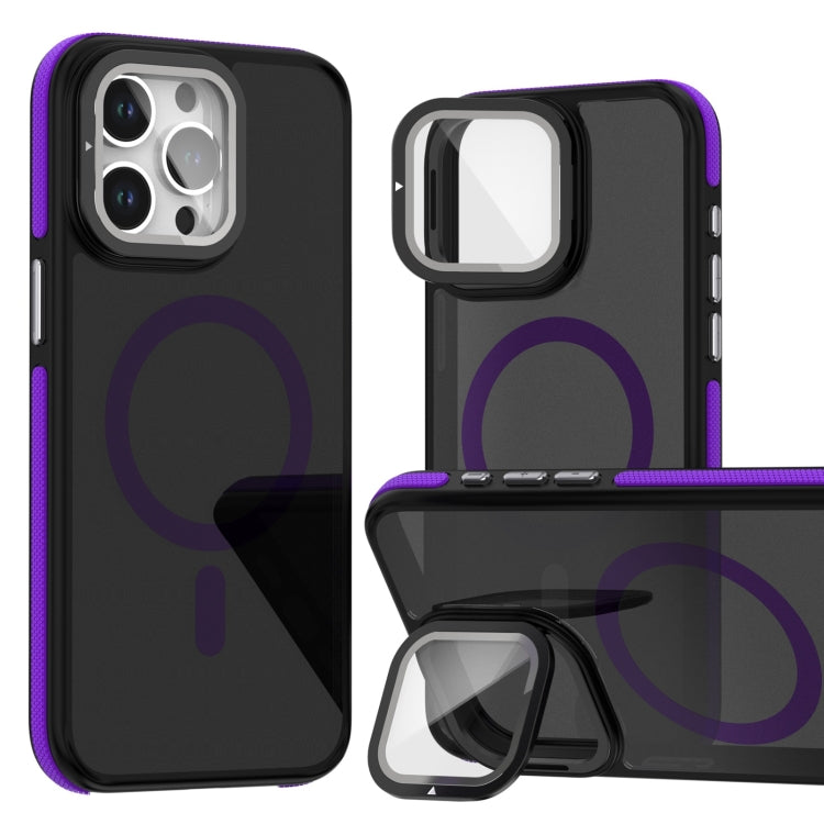 For iPhone 16 Pro Magsafe Dual-Color Skin Feel Lens Film Phone Case with Lens Fold Holder(Purple) - More iPhone Cases by PMC TechLife | Online Shopping South Africa | PMC TechLife | Buy Now Pay Later Mobicred