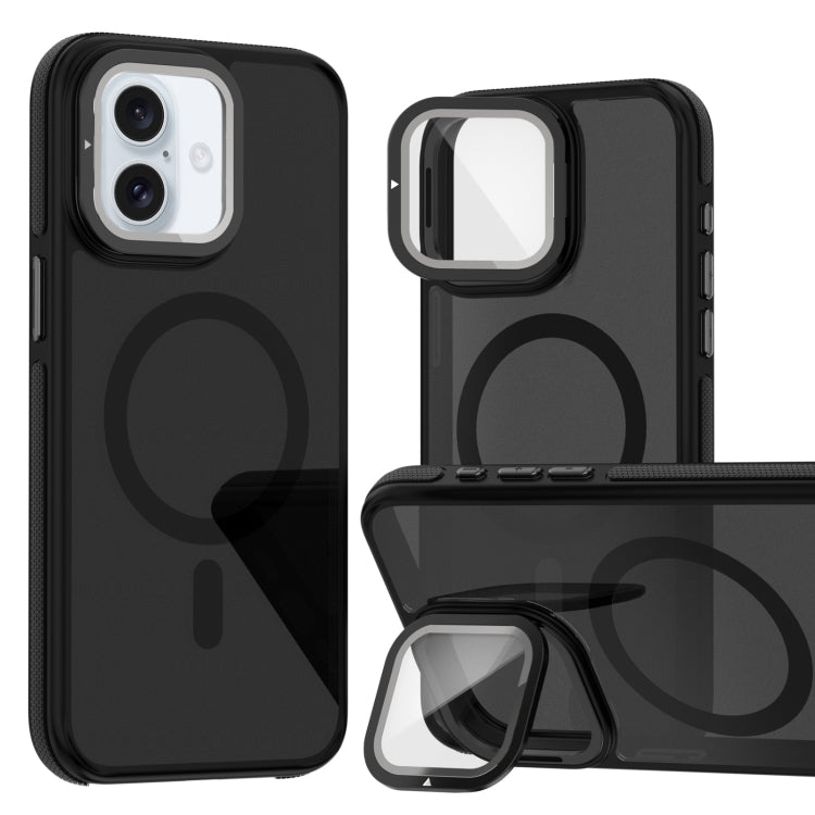 For iPhone 16 Magsafe Dual-Color Skin Feel Lens Film Phone Case with Lens Fold Holder(Black) - iPhone 16 Cases by PMC TechLife | Online Shopping South Africa | PMC TechLife | Buy Now Pay Later Mobicred