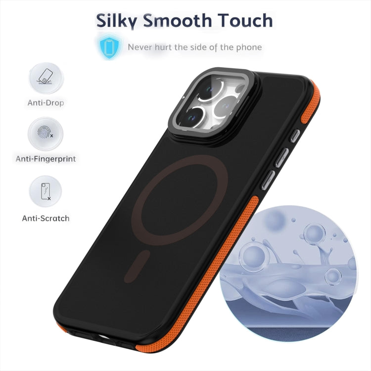 For iPhone 16 Pro Magsafe Dual-Color Skin Feel Lens Film Phone Case with Lens Fold Holder(Orange) - iPhone 16 Pro Cases by PMC TechLife | Online Shopping South Africa | PMC TechLife | Buy Now Pay Later Mobicred