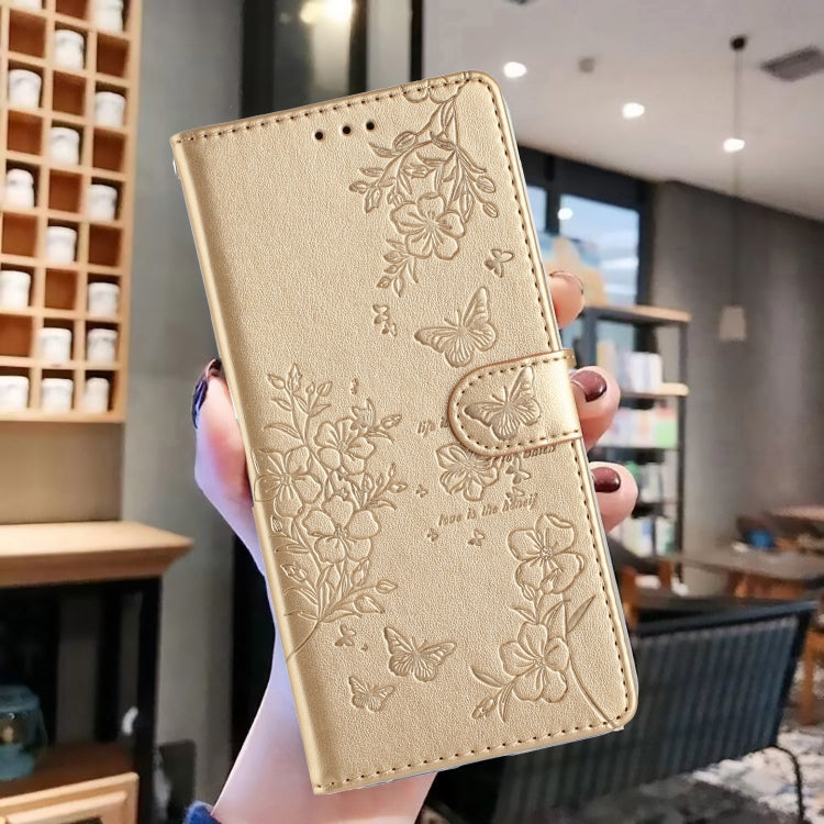 For Motorola Moto G Play 2024 Butterflies and Flowers Leather Phone Case(Gold) - Motorola Cases by PMC Jewellery | Online Shopping South Africa | PMC Jewellery | Buy Now Pay Later Mobicred