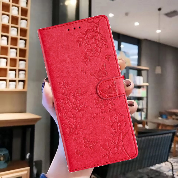 For Motorola Moto G Play 2024 Butterflies and Flowers Leather Phone Case(Red) - Motorola Cases by PMC Jewellery | Online Shopping South Africa | PMC Jewellery | Buy Now Pay Later Mobicred