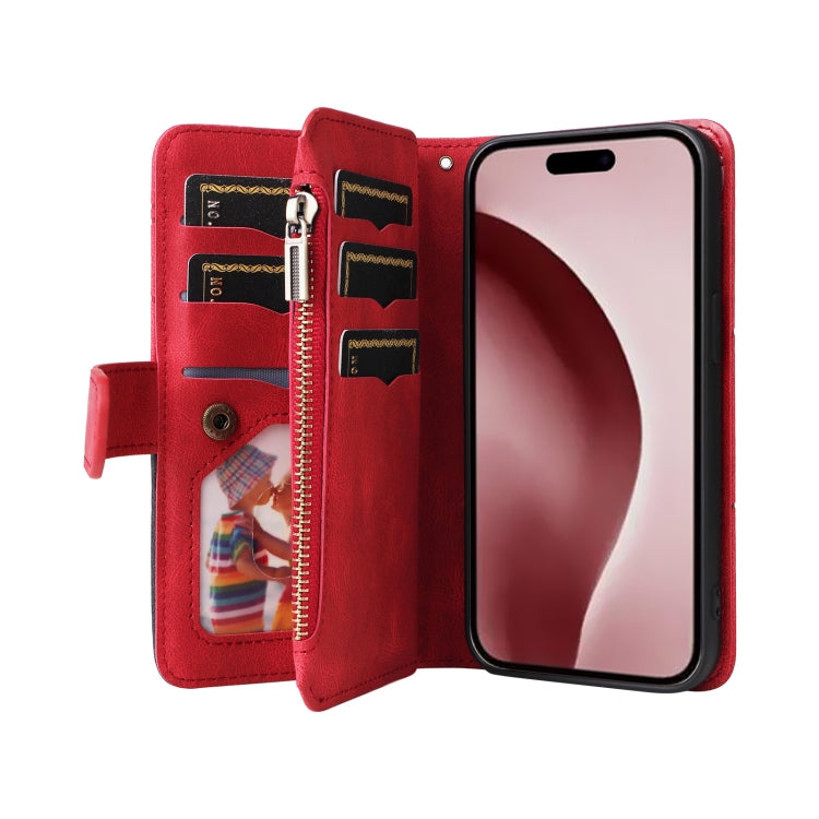 For iPhone 16 Pro Dual-color 9 Card Slots Zipper Wallet Leather Phone Case(Red) - iPhone 16 Pro Cases by PMC TechLife | Online Shopping South Africa | PMC TechLife | Buy Now Pay Later Mobicred