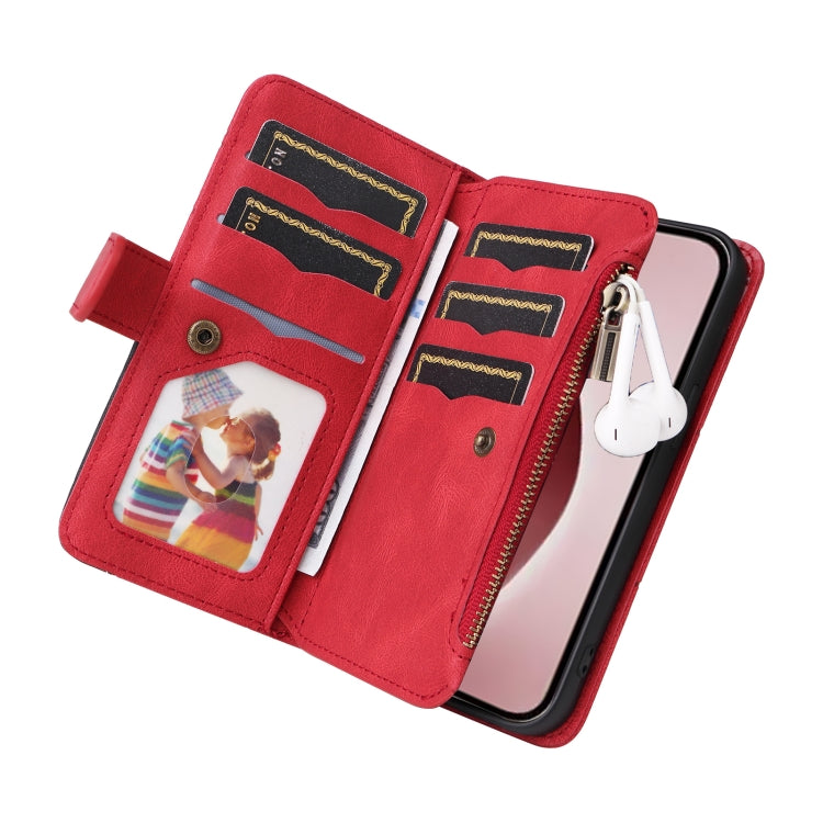 For iPhone 16 Pro Dual-color 9 Card Slots Zipper Wallet Leather Phone Case(Red) - iPhone 16 Pro Cases by PMC TechLife | Online Shopping South Africa | PMC TechLife | Buy Now Pay Later Mobicred