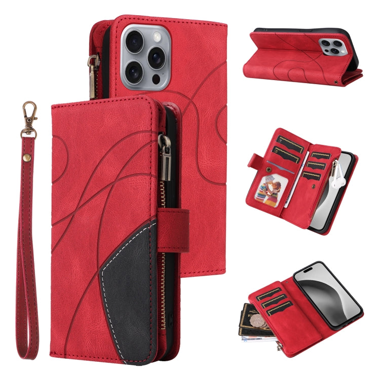For iPhone 16 Pro Max Dual-color 9 Card Slots Zipper Wallet Leather Phone Case(Red) - iPhone 16 Pro Max Cases by PMC TechLife | Online Shopping South Africa | PMC TechLife | Buy Now Pay Later Mobicred