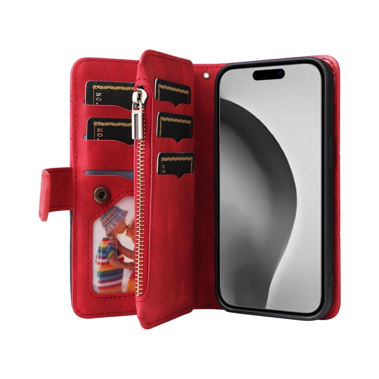 For iPhone 16 Pro Max Dual-color 9 Card Slots Zipper Wallet Leather Phone Case(Red) - iPhone 16 Pro Max Cases by PMC TechLife | Online Shopping South Africa | PMC TechLife | Buy Now Pay Later Mobicred