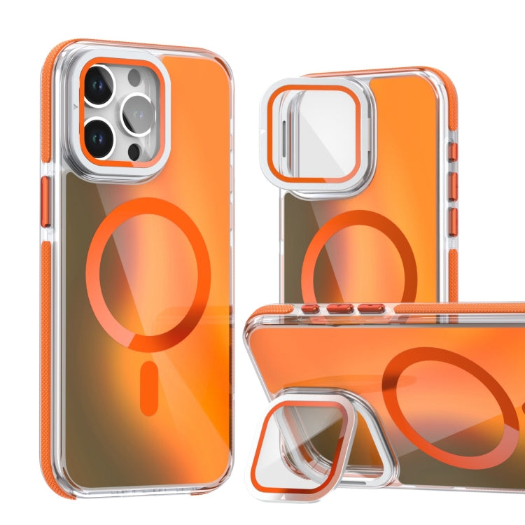For iPhone 16 Pro MagSafe Gradient Color Lens Film Phone Case with Lens Fold Holder(Orange) - iPhone 16 Pro Cases by PMC TechLife | Online Shopping South Africa | PMC TechLife | Buy Now Pay Later Mobicred