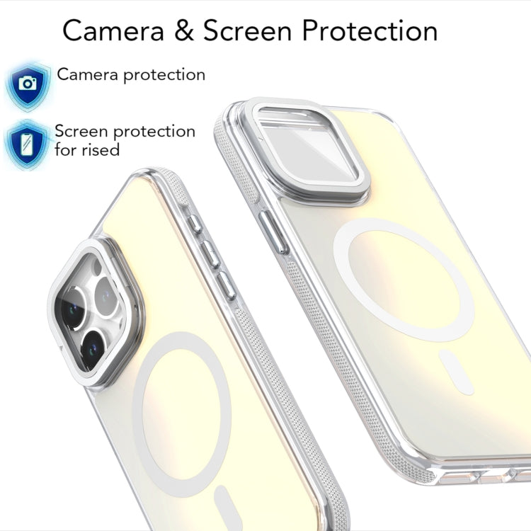 For iPhone 16 Pro MagSafe Gradient Color Lens Film Phone Case with Lens Fold Holder(White) - iPhone 16 Pro Cases by PMC TechLife | Online Shopping South Africa | PMC TechLife | Buy Now Pay Later Mobicred
