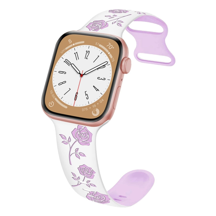 For Apple Watch Series 9 45mm Two-color Rose Engraved Silicone Watch Band(White Purple) - free shipping - PMc TechLife - Order now!