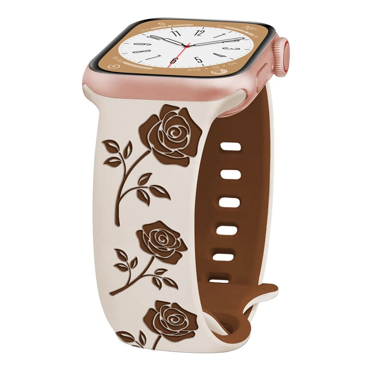 For Apple Watch Series 9 41mm Two-color Rose Engraved Silicone Watch Band(Starlight Caramel) - free shipping - PMc TechLife - Order now!