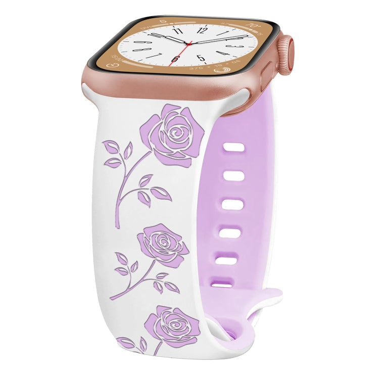 For Apple Watch Series 8 41mm Two-color Rose Engraved Silicone Watch Band(White Purple) - free shipping - PMc TechLife - Order now!