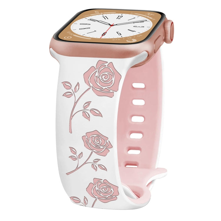 For Apple Watch SE 44mm Two-color Rose Engraved Silicone Watch Band(White Pink) - free shipping - PMc TechLife - Order now!