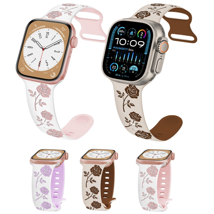 For Apple Watch Series 4 44mm Two-color Rose Engraved Silicone Watch Band(White Purple) - free shipping - PMc TechLife - Order now!