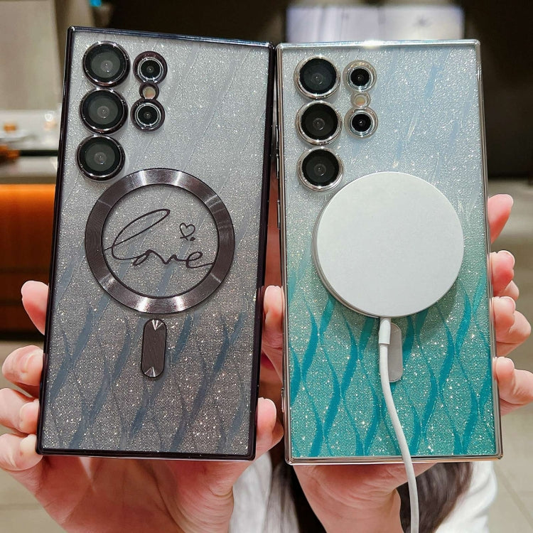 For Samsung Galaxy S25 5G Dual-Love Leaves Gradient Glitter MagSafe TPU Phone Case(Blue) - Galaxy S25 5G Cases by PMC TechLife | Online Shopping South Africa | PMC TechLife | Buy Now Pay Later Mobicred