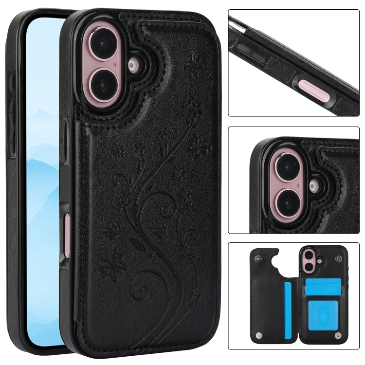 For iPhone 16 Plus Double Buckle Butterfly Embossing PU Phone Case(Black) - iPhone 16 Plus Cases by PMC TechLife | Online Shopping South Africa | PMC TechLife | Buy Now Pay Later Mobicred