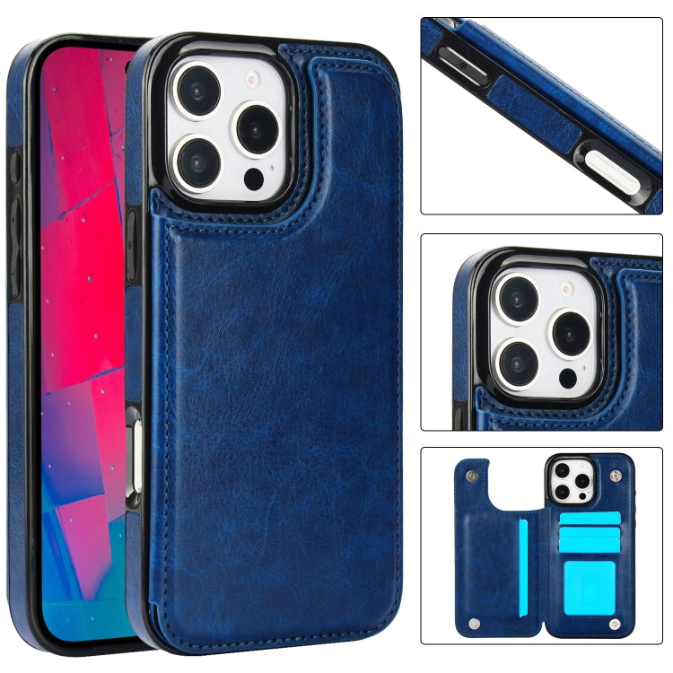 For iPhone 16 Pro Double Buckle Crazy Horse Texture PU Phone Case(Blue) - iPhone 16 Pro Cases by PMC TechLife | Online Shopping South Africa | PMC TechLife | Buy Now Pay Later Mobicred