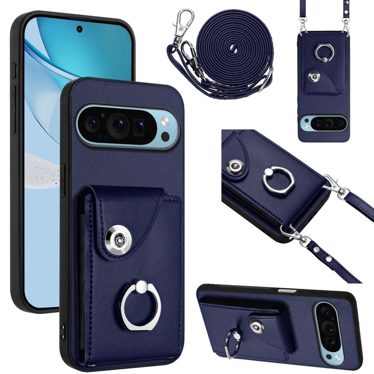 For Google Pixel 9 Pro XL Organ Card Bag Ring Holder Phone Case with Long Lanyard(Blue) - Google Cases by PMC TechLife | Online Shopping South Africa | PMC TechLife | Buy Now Pay Later Mobicred