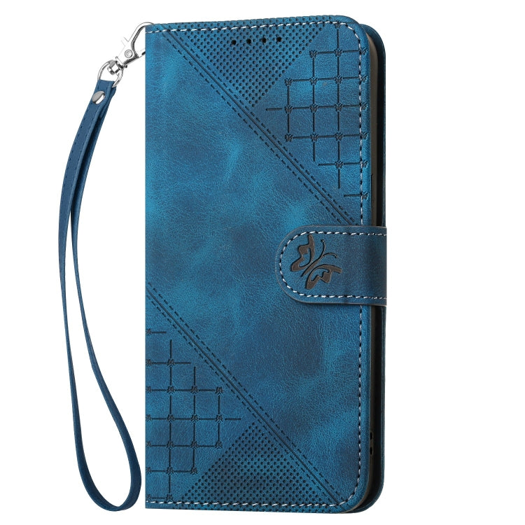 For iPhone 16e YX0080 Grid Butterfly Embossed Pattern Flip Leather Phone Case with Lanyard(Dark Blue) - iPhone 16e Cases by PMC TechLife | Online Shopping South Africa | PMC TechLife | Buy Now Pay Later Mobicred