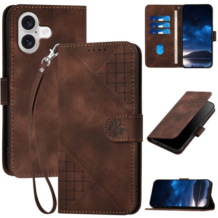 For iPhone 17 YX0080 Grid Butterfly Embossed Pattern Flip Leather Phone Case with Lanyard(Coffee) - free shipping - PMc TechLife - Order now!