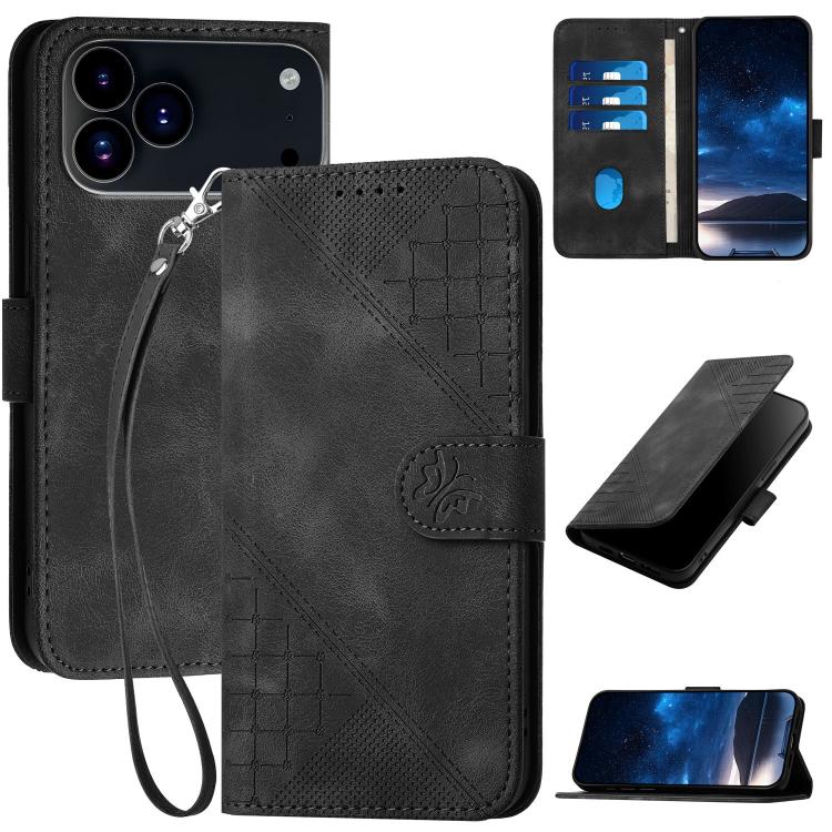 For iPhone 17 Pro YX0080 Grid Butterfly Embossed Pattern Flip Leather Phone Case with Lanyard(Black) - free shipping - PMc TechLife - Order now!