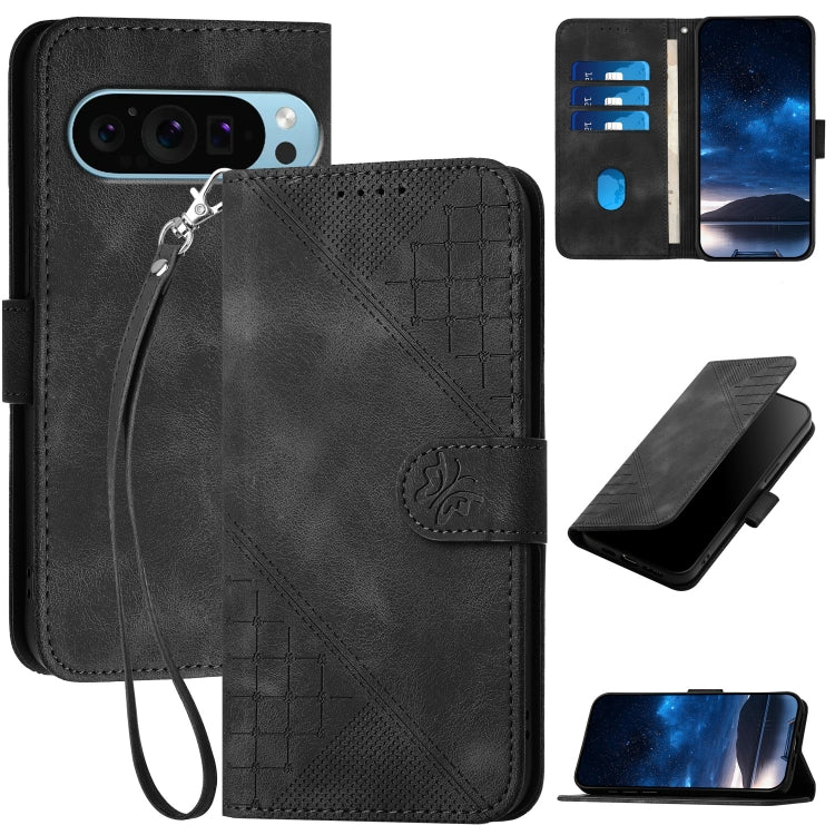 For Google Pixel 9 / 9 Pro Grid Butterfly Embossed Pattern Leather Phone Case with Lanyard(Black) - Google Cases by PMC TechLife | Online Shopping South Africa | PMC TechLife | Buy Now Pay Later Mobicred