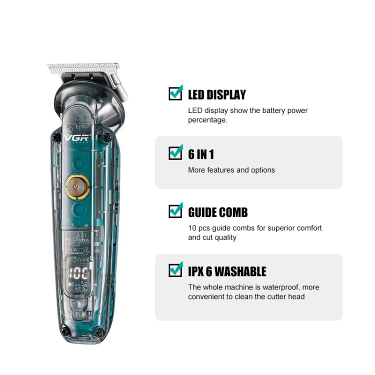VGR V-102 6 in 1 USB Transparent Digital Display Professional Hair Clipper Set - free shipping - PMC TechLife - Order now!