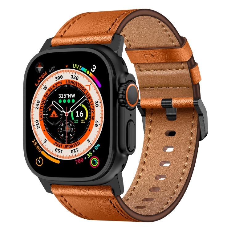 For Apple Watch Ultra 2 49mm Wilderness Top-grain Leather Watch Band(Black Connector Brown) - Watch Bands by PMC TechLife | Online Shopping South Africa | PMC TechLife | Buy Now Pay Later Mobicred