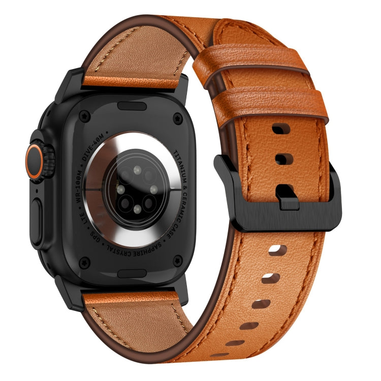 For Apple Watch Ultra 2 49mm Wilderness Top-grain Leather Watch Band(Black Connector Brown) - Watch Bands by PMC TechLife | Online Shopping South Africa | PMC TechLife | Buy Now Pay Later Mobicred